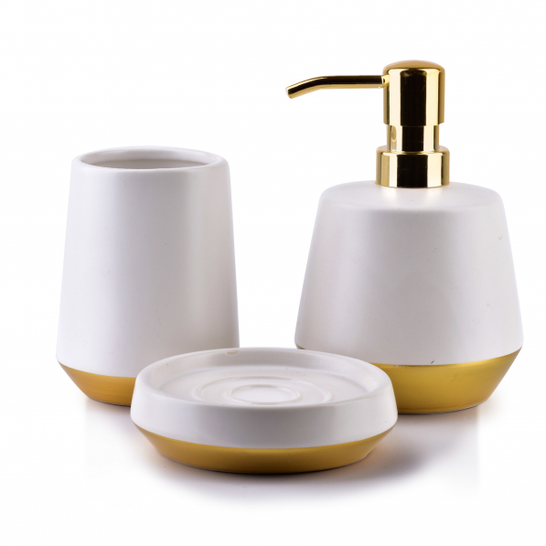 Dozownik do mydła w płynie ceramiczny z mydelniczką i kubkiem BATHLAB EDA WHITE BIAŁY 500 ml 
