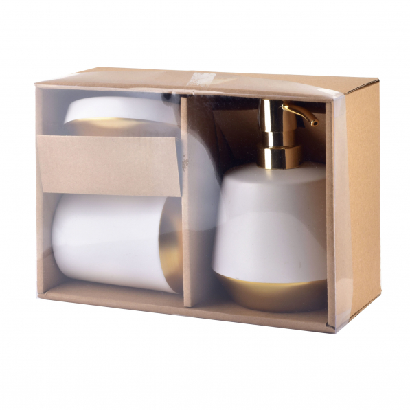 Dozownik do mydła w płynie ceramiczny z mydelniczką i kubkiem BATHLAB EDA WHITE BIAŁY 500 ml 