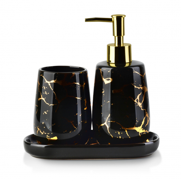 Dozownik do mydła w płynie z mydelniczką i kubkiem BATHLAB CRISTIE DUO BLACK GOLD CZARNO-ZŁOTY 350 ml