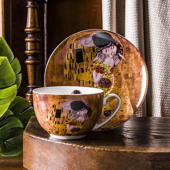 DUO Art Gallery by Gustav Klimt The Kiss 280 ml brązowa - filiżanka do kawy i herbaty porcelanowa ze spodkiem