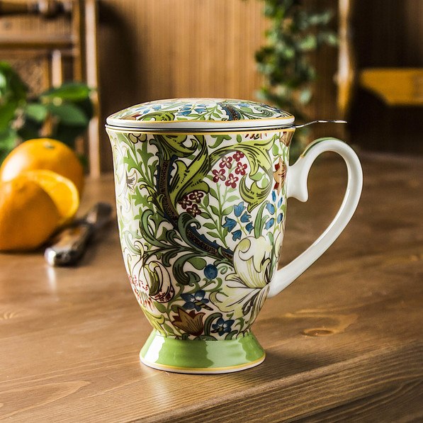 DUO Art Gallery By William Morris Golden Lilly 325 ml zielony - kubek porcelanowy z zaparzaczem i pokrywką