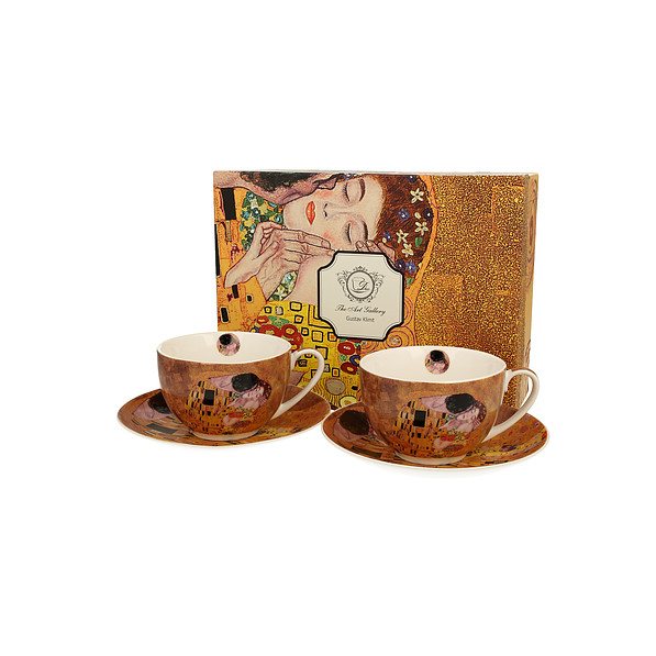 DUO Art Gallery by Gustav Klimt The Kiss 300 ml 2 szt. brązowe - filiżanki do kawy i herbaty porcelanowe ze spodkami