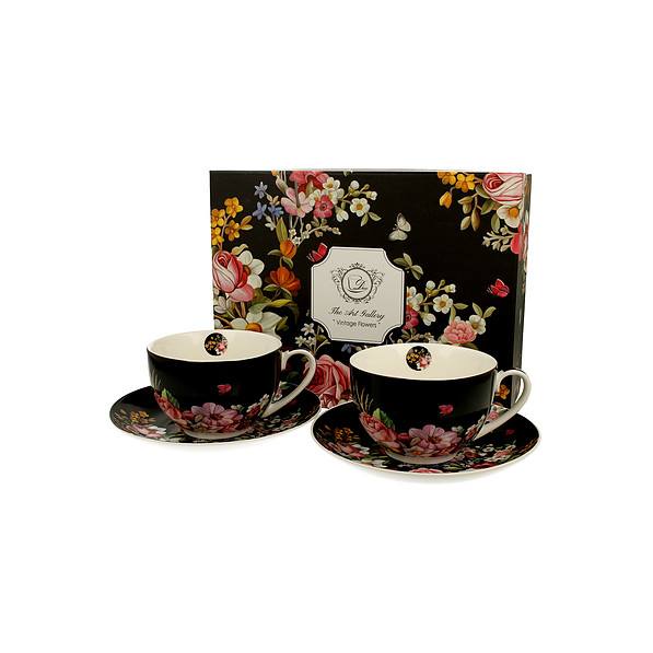 DUO Art Gallery Vintage Flowers 280 ml 2 szt. czarne - filiżanki do kawy i herbaty porcelanowe ze spodkami