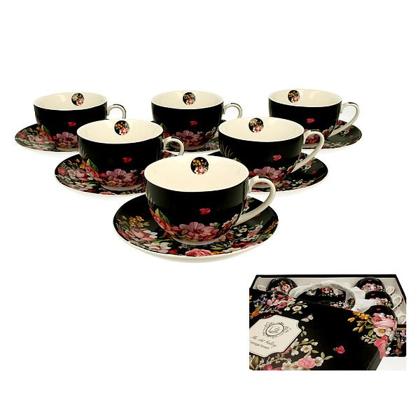 DUO Art Gallery Vintage Flowers 280 ml 6 szt. czarne - filiżanki do kawy i herbaty porcelanowe ze spodkami