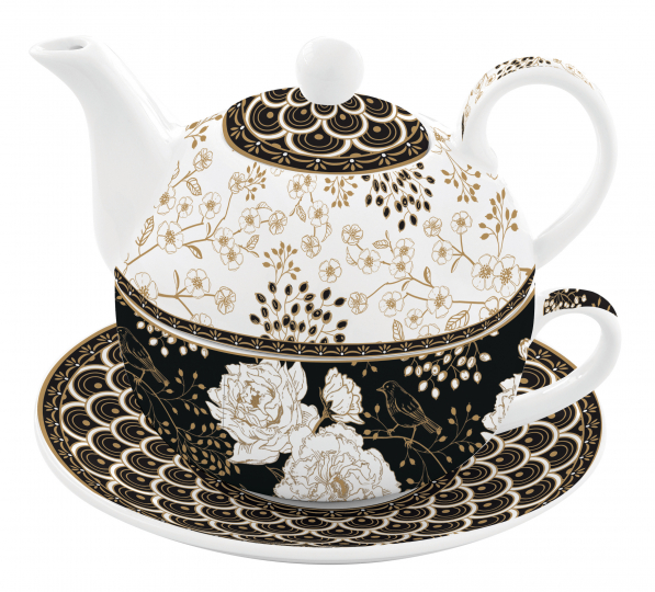 Dzbanek do herbaty i kawy porcelanowy z filiżanką i spodkiem EASY LIFE ART DECO AND FLOWERS 0,35 l
