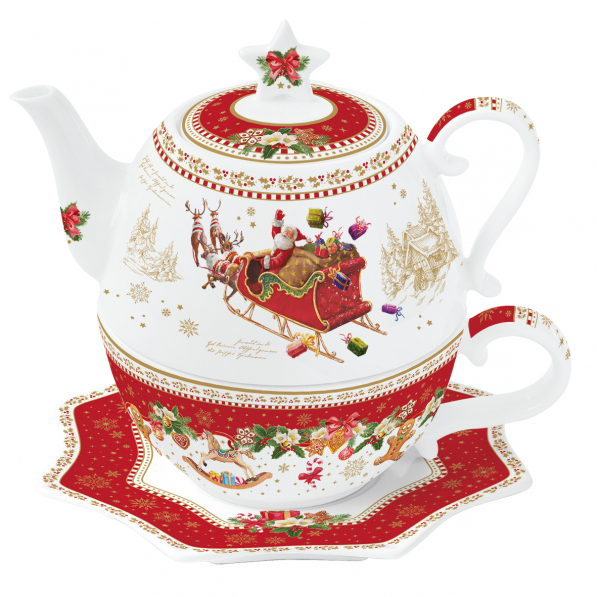 Dzbanek do herbaty i kawy porcelanowy z filiżanką i spodkiem CHRISTMAS MEMORIES 450 ml