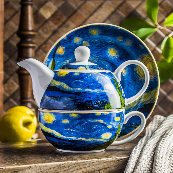 Dzbanek do herbaty i kawy porcelanowy z filiżanką i spodkiem DUO ART GALLERY STARRY NIGHT BY V. VAN GOGH 0,35 l
