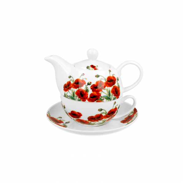 Dzbanek do herbaty i kawy porcelanowy z filiżanką i spodkiem DUO CLASSIC POPPIES 0,35 l