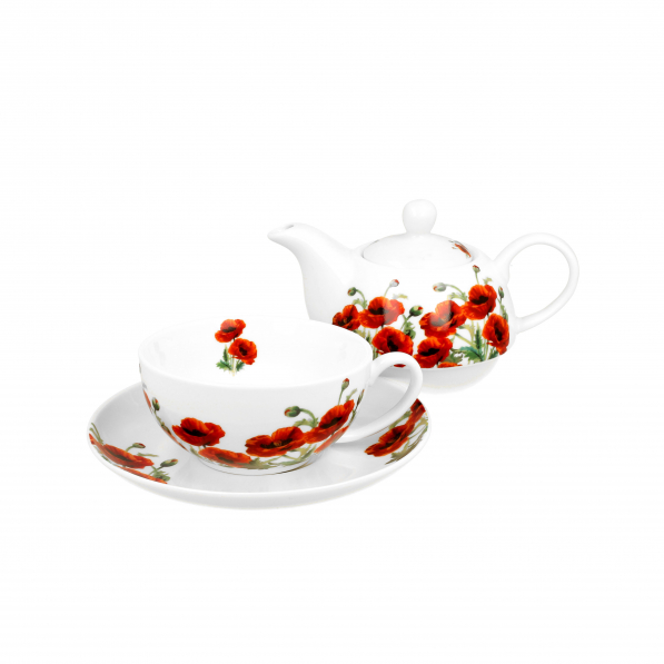 Dzbanek do herbaty i kawy porcelanowy z filiżanką i spodkiem DUO CLASSIC POPPIES 0,35 l