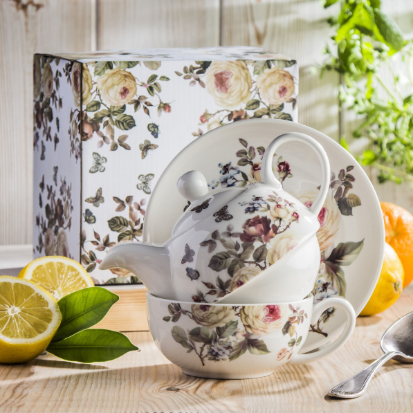 Dzbanek do herbaty i kawy porcelanowy z filiżanką i spodkiem DUO ROMANTIC ZAHRA BIAŁY 0,35 l