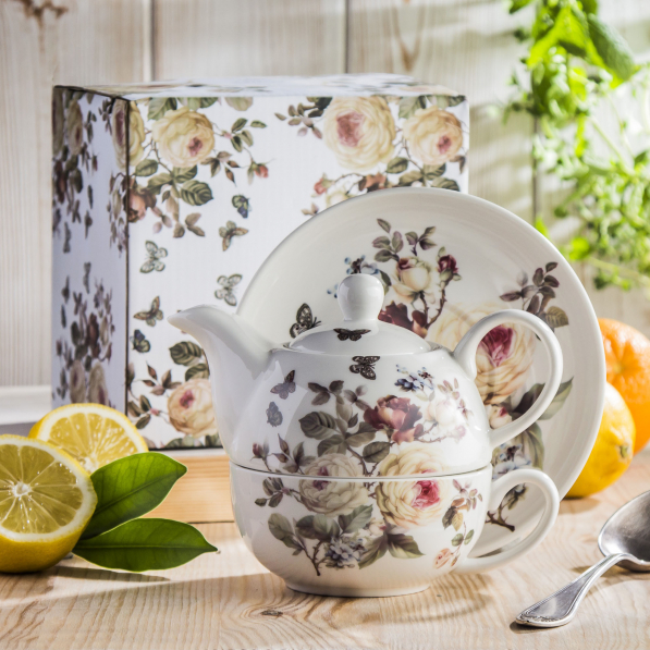Dzbanek do herbaty i kawy porcelanowy z filiżanką i spodkiem DUO ROMANTIC ZAHRA BIAŁY 0,35 l