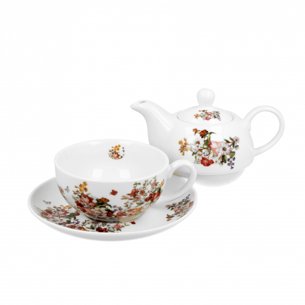 Dzbanek do herbaty i kawy porcelanowy z filiżanką i spodkiem DUO VINTAGE FLOWERS 0,35 l