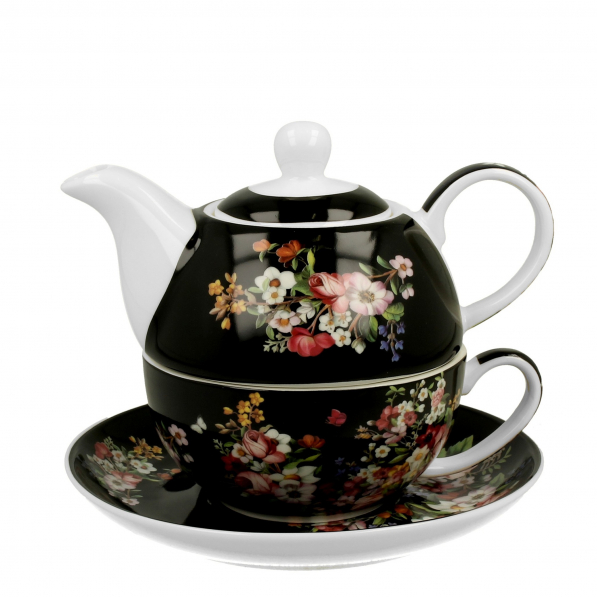 Dzbanek do herbaty i kawy porcelanowy z filiżanką i spodkiem DUO VINTAGE FLOWERS 0,35 l