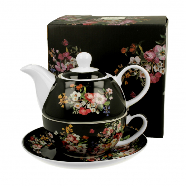 Dzbanek do herbaty i kawy porcelanowy z filiżanką i spodkiem DUO VINTAGE FLOWERS 0,35 l