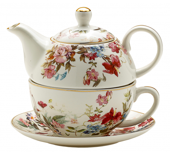 Dzbanek do herbaty i kawy porcelanowy z filiżanką i spodkiem ENGLISH COLLECTION BIAŁY 0,45 l