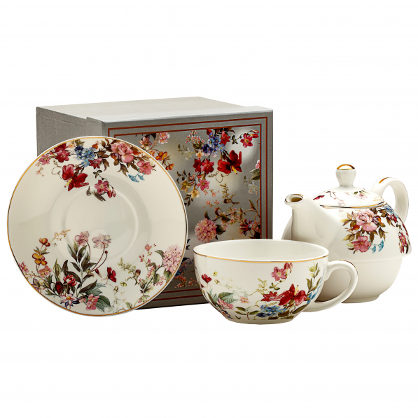 Dzbanek do herbaty i kawy porcelanowy z filiżanką i spodkiem ENGLISH COLLECTION BIAŁY 0,45 l