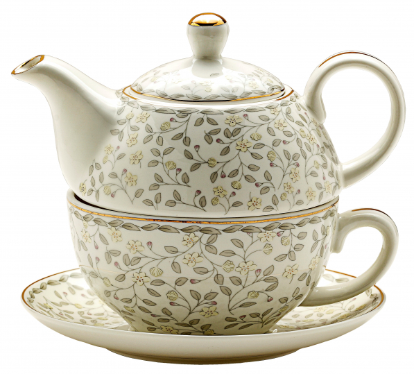 Dzbanek do herbaty i kawy porcelanowy z filiżanką i spodkiem ENGLISH COLLECTION FLOWERS BIAŁY 0,45 l