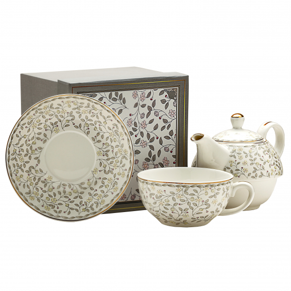 Dzbanek do herbaty i kawy porcelanowy z filiżanką i spodkiem ENGLISH COLLECTION FLOWERS BIAŁY 0,45 l