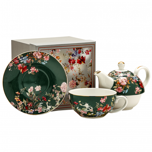 Dzbanek do herbaty i kawy porcelanowy z filiżanką i spodkiem ENGLISH COLLECTION ZIELONY 0,45 l