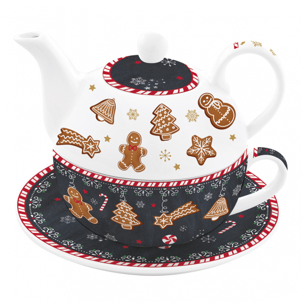 Dzbanek do herbaty i kawy porcelanowy z filiżanką i spodkiem EASY LIFE GINGERBREAD 350 ml