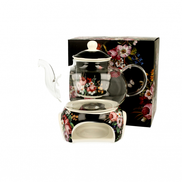 Dzbanek do herbaty i kawy porcelanowy z podgrzewaczem DUO VINTAGE FLOWERS BLACK CZARNY 1 l