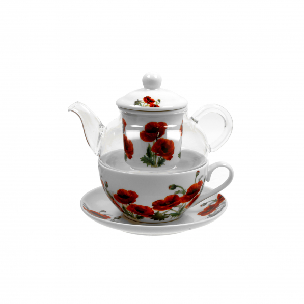 Dzbanek do herbaty i kawy szklany z filiżanką, spodkiem i zaparzaczem DUO CLASSIC POPPIES 0,33 l