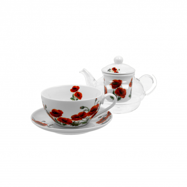 Dzbanek do herbaty i kawy szklany z filiżanką, spodkiem i zaparzaczem DUO CLASSIC POPPIES 0,33 l