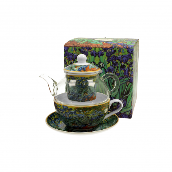 Dzbanek do herbaty i kawy szklany z filiżanką i spodkiem oraz zaparzaczem DUO ART GALLERY IRISES BY V. VAN GOGH 0,33 l