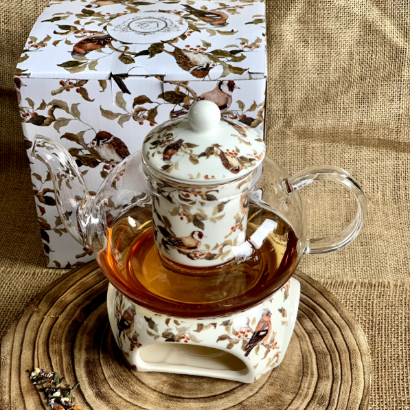 Dzbanek do herbaty i kawy szklany z podgrzewaczem i filiżankami DUO BIRDIES COLLECTION 1 l