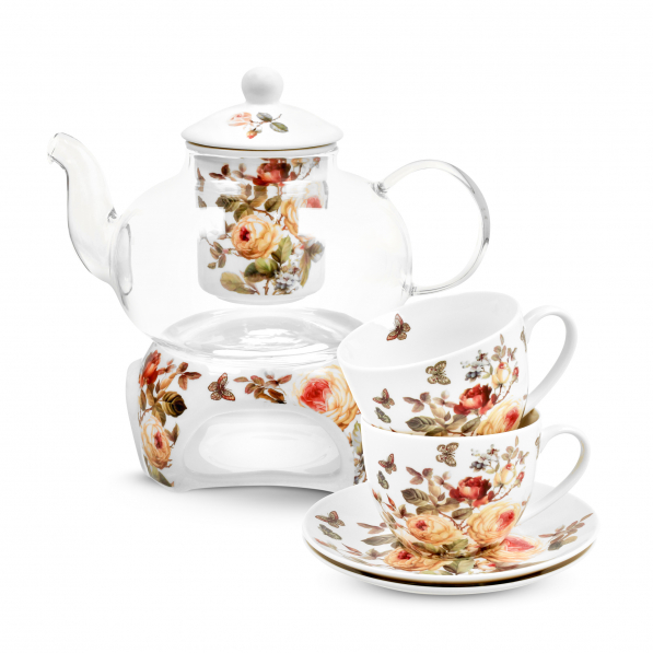 Dzbanek do herbaty i kawy szklany z podgrzewaczem i filiżankami DUO ROMANTIC ZAHRA II 1 l