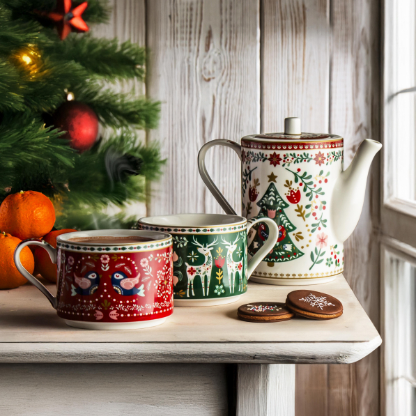 Dzbanek do herbaty i kawy z filiżankami porcelanowy EASY LIFE CHRISTMAS FOLK 0,5 l 3 el.