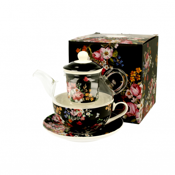 Dzbanek do herbaty i kawy szklany z filiżanką i spodkiem DUO VINTAGE FLOWERS BLACK CZARNY 0,33 l