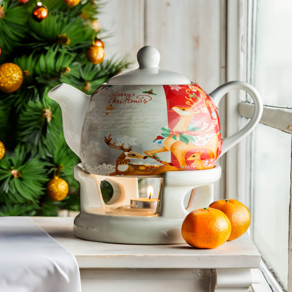 Dzbanek świąteczny do herbaty i kawy ceramiczny z podgrzewaczem RENIFER 1 l