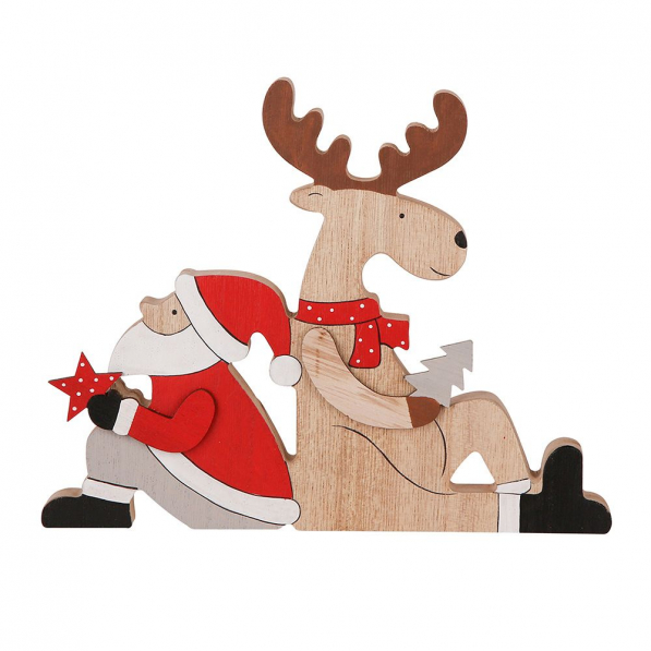 Figurka bożonarodzeniowa drewniana RENIFER Z MIKOŁAJEM 16 cm
