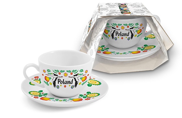 Filiżanka do kawy i herbaty ceramiczna ze spodkiem CERAMIKA TUŁOWICE BOCIAN POLAND FOLKLOR BIAŁA 200 ml