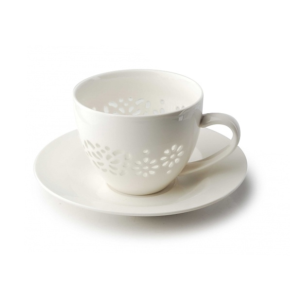 Filiżanka do kawy i herbaty porcelanowa ze spodkiem MOTYL KREMOWA 230 ml
