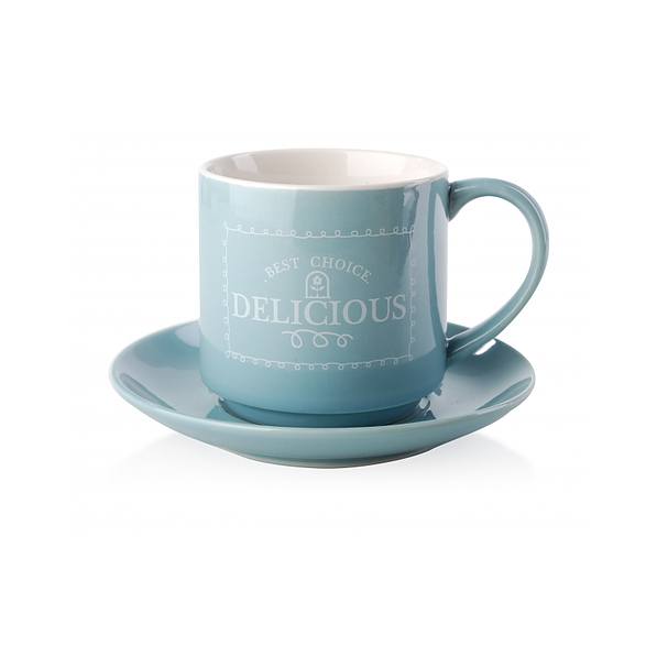 Filiżanka do kawy i herbaty porcelanowa ze spodkiem DELICIOUS BŁĘKITNA 250 ml 