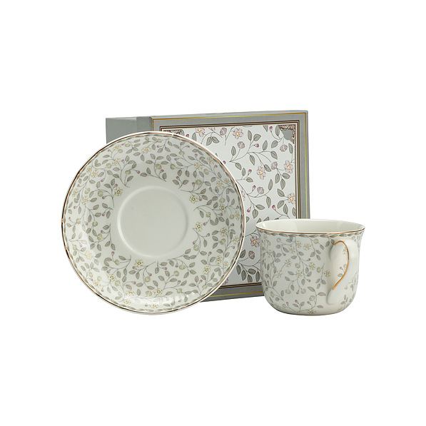 Filiżanka do kawy i herbaty porcelanowa ze spodkiem ALICE BIAŁO-SZARA 400 ml