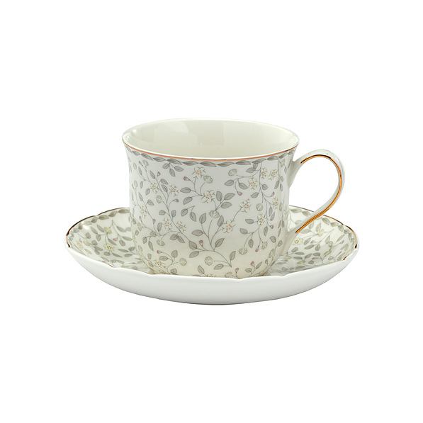 Filiżanka do kawy i herbaty porcelanowa ze spodkiem ALICE BIAŁO-SZARA 400 ml