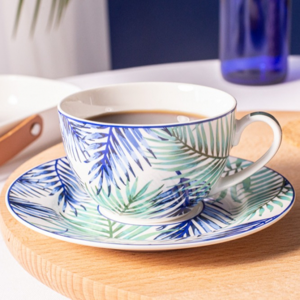 Filiżanka do kawy i herbaty porcelanowa ze spodkiem BOTANICAL NIEBIESKO-ZIELONA 200 ml