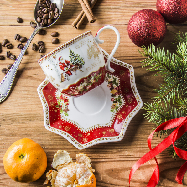 Filiżanka do kawy i herbaty porcelanowa ze spodkiem CHRISTMAS MEMORIES BIAŁO-CZERWONA 250 ml