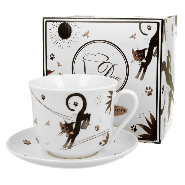 Filiżanka do kawy i herbaty porcelanowa ze spodkiem DUO ANIMALS CHARMING CATS 470 ml