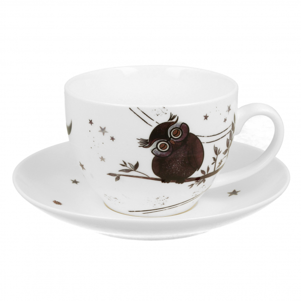 Filiżanka do kawy i herbaty porcelanowa ze spodkiem DUO ANIMALS CHARMING OWLS 280 ml