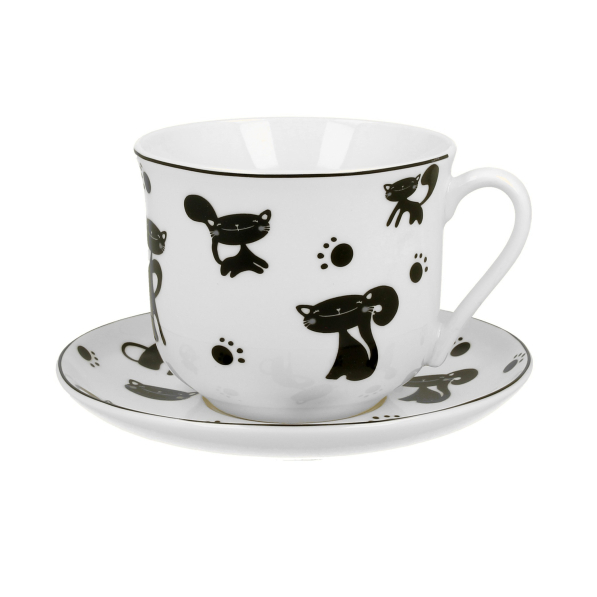 Filiżanka do kawy i herbaty porcelanowa ze spodkiem DUO ANIMALS KOTY CZARNE 470 ml