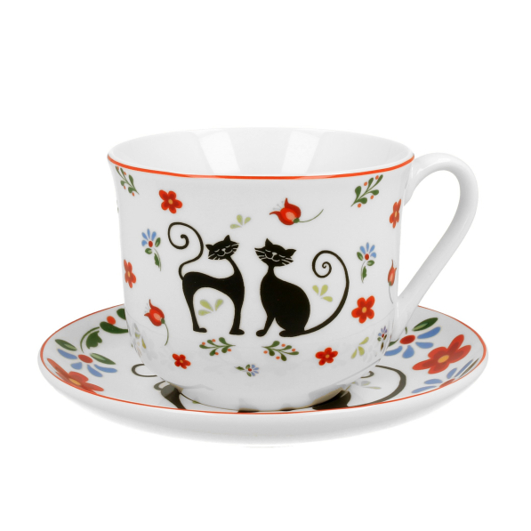 Filiżanka do kawy i herbaty porcelanowa ze spodkiem DUO ANIMALS KOTY ETNO 470 ml