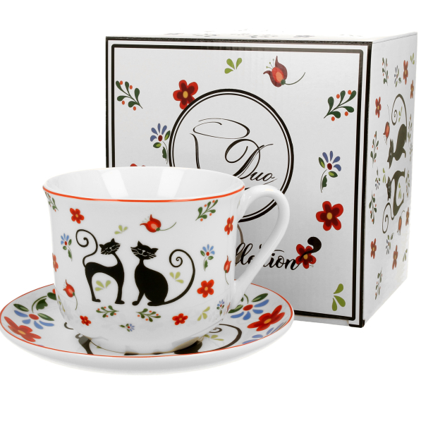 Filiżanka do kawy i herbaty porcelanowa ze spodkiem DUO ANIMALS KOTY ETNO 470 ml