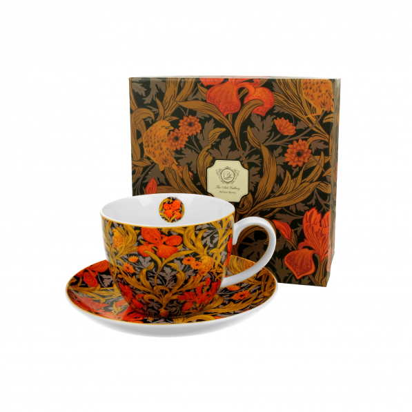 Filiżanka do kawy i herbaty porcelanowa ze spodkiem DUO ART GALLERY ORANGE IRISES BY WILLIAM MORRIS 470 ml
