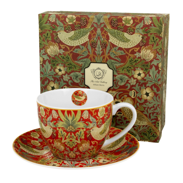 Filiżanka do kawy i herbaty porcelanowa ze spodkiem DUO ART GALLERY STRAWBERRY THIEF RED BY WILLIAM MORRIS 270 ml