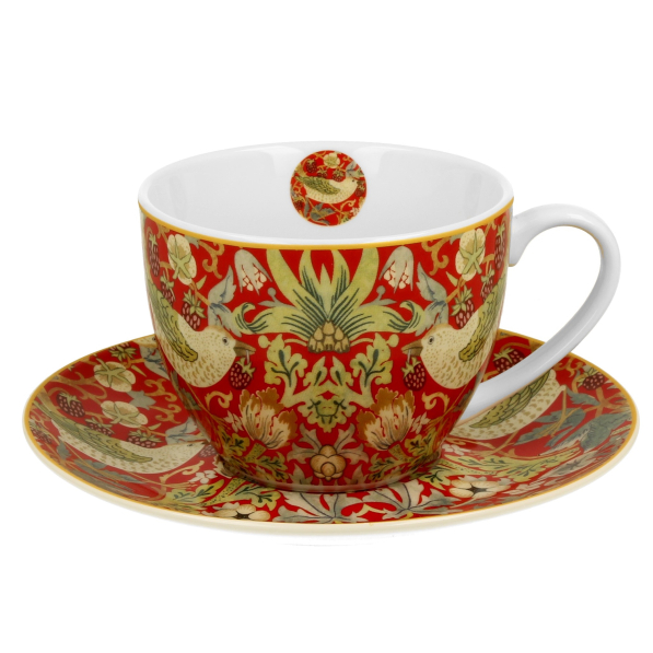 Filiżanka do kawy i herbaty porcelanowa ze spodkiem DUO ART GALLERY STRAWBERRY THIEF RED BY WILLIAM MORRIS 270 ml