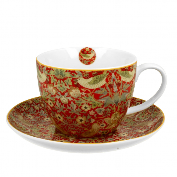 Filiżanka do kawy i herbaty porcelanowa ze spodkiem DUO ART GALLERY STRAWBERRY THIEF RED BY WILLIAM MORRIS 470 ml